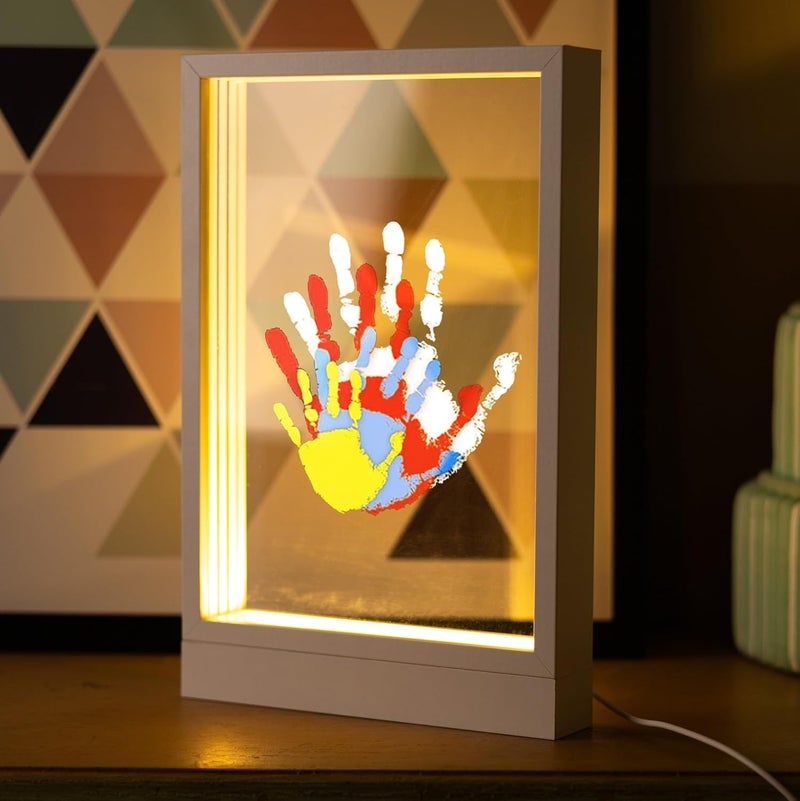 CHERRY CHEERS Family Handprint Kit with Light, Handprint Keepsake Frame, Wooden Led Light, Easy Install, No Need Screw etc, Non-Toxic Paints (White) - Image 1